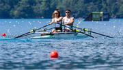26 May 2023; Katie O'Brien and Steven McGowan of Ireland compete in the Mixed Double Sculls - PR2Mix2x Repechage during day 2 of the European Rowing Championships 2023 at Bled in Slovenia. Photo by Vid Ponikvar/Sportsfile