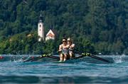 26 May 2023; Sanita Puspure, right, and Zoe Hyde of Ireland compete in the Women's Double Sculls Repechage during day 2 of the European Rowing Championships 2023 at Bled in Slovenia. Photo by Vid Ponikvar/Sportsfile