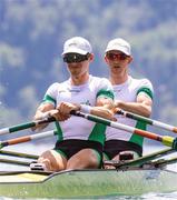 26 May 2023; Fintan McCarthy, left, and Hugh Moore of Ireland compete in the Lightweight Men's Double Sculls Semi-Final during day 2 of the European Rowing Championships 2023 at Bled in Slovenia. Photo by Vid Ponikvar/Sportsfile