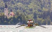 26 May 2023; Fintan McCarthy and Hugh Moore of Ireland compete in the Lightweight Men's Double Sculls Semi-Final during day 2 of the European Rowing Championships 2023 at Bled in Slovenia. Photo by Vid Ponikvar/Sportsfile