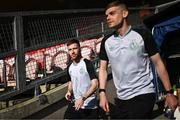 26 May 2023; Jack Byrne of Shamrock Rovers, left, walks out to the pitch with teammate Sean Gannon before the SSE Airtricity Men's Premier Division match between Cork City and Shamrock Rovers at Turner's Cross in Cork. Photo by Eóin Noonan/Sportsfile