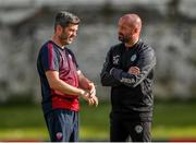 26 May 2023; Finn Harps manager Dave Rogers, right, with Treaty United manager Tommy Barrett before the SSE Airtricity Men's First Division match between Treaty United and Finn Harps at Markets Field in Limerick. Photo by Michael P Ryan/Sportsfile