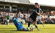 26 May 2023; Richie Towell of Shamrock Rovers in action against Cork City goalkeeper Jimmy Corcoran during the SSE Airtricity Men's Premier Division match between Cork City and Shamrock Rovers at Turner's Cross in Cork. Photo by Eóin Noonan/Sportsfile