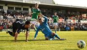 26 May 2023; Richie Towell of Shamrock Rovers in action against Cork City goalkeeper Jimmy Corcoran during the SSE Airtricity Men's Premier Division match between Cork City and Shamrock Rovers at Turner's Cross in Cork. Photo by Eóin Noonan/Sportsfile