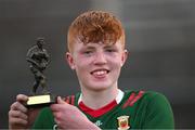 26 May 2023; Darragh Beirne of Mayo with the Electric Ireland Player of the Match award following his performance in the 2023 Electric Ireland Connacht GAA Football Minor Championship Final between Galway and Mayo at Tuam Stadium in Galway. Photo by Ray Ryan/Sportsfile