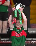 26 May 2023; Mayo captain Rio Mortimer lifts the cup after the 2023 Electric Ireland Connacht GAA Football Minor Championship Final between Galway and Mayo at Tuam Stadium in Galway. Photo by Ray Ryan/Sportsfile