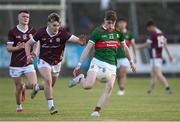 26 May 2023; Thomas Tuffy of Mayo in action against Ross Coen of Galway during the 2023 Electric Ireland Connacht GAA Football Minor Championship Final between Galway and Mayo at Tuam Stadium in Galway. Photo by Ray Ryan/Sportsfile