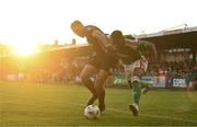 26 May 2023; Tunde Owolabi of Cork City in action against Roberto Lopes of Shamrock Rovers during the SSE Airtricity Men's Premier Division match between Cork City and Shamrock Rovers at Turner's Cross in Cork. Photo by Eóin Noonan/Sportsfile