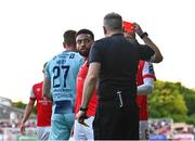 26 May 2023; Jake Mulraney of St Patrick's Athletic reacts after he is shown a red card by referee Ray Matthews during the SSE Airtricity Men's Premier Division match between St Patrick's Athletic and Dundalk at Richmond Park in Dublin. Photo by Tyler Miller/Sportsfile
