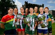 29 May 2023; In attendance at the launch of the 2023 TG4 All-Ireland Ladies Football Championships, at Durrow Castle in Durrow, Laois, are, from left, Ruth Bermingham of Carlow, Claire Dunne of Sligo, Maria Reilly of Mayo, Aimee Mackin of Armagh, Niamh O’Sullivan of Meath, Síofra Ní Chonaill of Clare, Amy Hamill of Monaghan and Louise Ní Mhuircheartaigh of Kerry with the West County Hotel Cup, the Brendan Martin Cup and the Mary Quinn Memorial Cup. The very first All-Ireland Ladies Senior Football Final, between winners Tipperary and opponents Offaly, was played in Durrow in 1974, while the 2023 decider at Croke Park on Sunday August 13 will mark the LGFA’s 50th All-Ireland Senior Final. The 2023 TG4 All-Ireland Ladies Football Championships get underway on the weekend of June 10/11, with the opening round of Intermediate Fixtures. All games in the 2023 TG4 All-Ireland Championships will be available live to viewers, either on TG4 or via the LGFA’s live-streaming portal: https://bit.ly/3oktfD5 #ProperFan Photo by Brendan Moran/Sportsfile *** NO REPRODUCTION FEE***