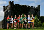 29 May 2023; In attendance at the launch of the 2023 TG4 All-Ireland Ladies Football Championships, at Durrow Castle in Durrow, Laois, are, from left, Ruth Bermingham of Carlow, Claire Dunne of Sligo, Maria Reilly of Mayo, Aimee Mackin of Armagh, Niamh O’Sullivan of Meath, Louise Ní Mhuircheartaigh of Kerry, Amy Hamill of Monaghan and Síofra Ní Chonaill of Clare with the West County Hotel Cup, the Brendan Martin Cup and the Mary Quinn Memorial Cup. The very first All-Ireland Ladies Senior Football Final, between winners Tipperary and opponents Offaly, was played in Durrow in 1974, while the 2023 decider at Croke Park on Sunday August 13 will mark the LGFA’s 50th All-Ireland Senior Final. The 2023 TG4 All-Ireland Ladies Football Championships get underway on the weekend of June 10/11, with the opening round of Intermediate Fixtures. All games in the 2023 TG4 All-Ireland Championships will be available live to viewers, either on TG4 or via the LGFA’s live-streaming portal: https://bit.ly/3oktfD5 #ProperFan Photo by Brendan Moran/Sportsfile *** NO REPRODUCTION FEE***