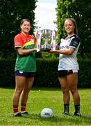 29 May 2023; In attendance at the launch of the 2023 TG4 All-Ireland Ladies Football Championships, at Durrow Castle in Durrow, Laois, are Ruth Bermingham of Carlow, left, and Claire Dunne of Sligo with the West County Hotel Cup. The very first All-Ireland Ladies Senior Football Final, between winners Tipperary and opponents Offaly, was played in Durrow in 1974, while the 2023 decider at Croke Park on Sunday August 13 will mark the LGFA’s 50th All-Ireland Senior Final. The 2023 TG4 All-Ireland Ladies Football Championships get underway on the weekend of June 10/11, with the opening round of Intermediate Fixtures. All games in the 2023 TG4 All-Ireland Championships will be available live to viewers, either on TG4 or via the LGFA’s live-streaming portal: https://bit.ly/3oktfD5 #ProperFan Photo by Brendan Moran/Sportsfile *** NO REPRODUCTION FEE***