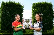 29 May 2023; In attendance at the launch of the 2023 TG4 All-Ireland Ladies Football Championships, at Durrow Castle in Durrow, Laois, are Ruth Bermingham of Carlow, left, and Claire Dunne of Sligo with the West County Hotel Cup. The very first All-Ireland Ladies Senior Football Final, between winners Tipperary and opponents Offaly, was played in Durrow in 1974, while the 2023 decider at Croke Park on Sunday August 13 will mark the LGFA’s 50th All-Ireland Senior Final. The 2023 TG4 All-Ireland Ladies Football Championships get underway on the weekend of June 10/11, with the opening round of Intermediate Fixtures. All games in the 2023 TG4 All-Ireland Championships will be available live to viewers, either on TG4 or via the LGFA’s live-streaming portal: https://bit.ly/3oktfD5 #ProperFan Photo by Brendan Moran/Sportsfile *** NO REPRODUCTION FEE***