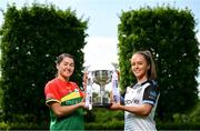 29 May 2023; In attendance at the launch of the 2023 TG4 All-Ireland Ladies Football Championships, at Durrow Castle in Durrow, Laois, are Ruth Bermingham of Carlow, left, and Claire Dunne of Sligo with the West County Hotel Cup. The very first All-Ireland Ladies Senior Football Final, between winners Tipperary and opponents Offaly, was played in Durrow in 1974, while the 2023 decider at Croke Park on Sunday August 13 will mark the LGFA’s 50th All-Ireland Senior Final. The 2023 TG4 All-Ireland Ladies Football Championships get underway on the weekend of June 10/11, with the opening round of Intermediate Fixtures. All games in the 2023 TG4 All-Ireland Championships will be available live to viewers, either on TG4 or via the LGFA’s live-streaming portal: https://bit.ly/3oktfD5 #ProperFan Photo by Brendan Moran/Sportsfile