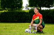29 May 2023; In attendance at the launch of the 2023 TG4 All-Ireland Ladies Football Championships, at Durrow Castle in Durrow, Laois, is Ruth Bermingham of Carlow with the West County Hotel Cup. The very first All-Ireland Ladies Senior Football Final, between winners Tipperary and opponents Offaly, was played in Durrow in 1974, while the 2023 decider at Croke Park on Sunday August 13 will mark the LGFA’s 50th All-Ireland Senior Final. The 2023 TG4 All-Ireland Ladies Football Championships get underway on the weekend of June 10/11, with the opening round of Intermediate Fixtures. All games in the 2023 TG4 All-Ireland Championships will be available live to viewers, either on TG4 or via the LGFA’s live-streaming portal: https://bit.ly/3oktfD5 #ProperFan Photo by Brendan Moran/Sportsfile