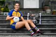 29 May 2023; In attendance at the launch of the 2023 TG4 All-Ireland Ladies Football Championships, at Durrow Castle in Durrow, Laois, is Síofra Ní Chonaill of Clare with the Mary Quinn Memorial Cup. The very first All-Ireland Ladies Senior Football Final, between winners Tipperary and opponents Offaly, was played in Durrow in 1974, while the 2023 decider at Croke Park on Sunday August 13 will mark the LGFA’s 50th All-Ireland Senior Final. The 2023 TG4 All-Ireland Ladies Football Championships get underway on the weekend of June 10/11, with the opening round of Intermediate Fixtures. All games in the 2023 TG4 All-Ireland Championships will be available live to viewers, either on TG4 or via the LGFA’s live-streaming portal: https://bit.ly/3oktfD5 #ProperFan Photo by Brendan Moran/Sportsfile *** NO REPRODUCTION FEE***