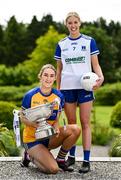 29 May 2023; In attendance at the launch of the 2023 TG4 All-Ireland Ladies Football Championships, at Durrow Castle in Durrow, Laois, are Síofra Ní Chonaill of Clare, left, and Amy Hamill of Monaghan with the Mary Quinn Memorial Cup. The very first All-Ireland Ladies Senior Football Final, between winners Tipperary and opponents Offaly, was played in Durrow in 1974, while the 2023 decider at Croke Park on Sunday August 13 will mark the LGFA’s 50th All-Ireland Senior Final. The 2023 TG4 All-Ireland Ladies Football Championships get underway on the weekend of June 10/11, with the opening round of Intermediate Fixtures. All games in the 2023 TG4 All-Ireland Championships will be available live to viewers, either on TG4 or via the LGFA’s live-streaming portal: https://bit.ly/3oktfD5 #ProperFan Photo by Brendan Moran/Sportsfile *** NO REPRODUCTION FEE***