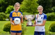 29 May 2023; In attendance at the launch of the 2023 TG4 All-Ireland Ladies Football Championships, at Durrow Castle in Durrow, Laois, are Síofra Ní Chonaill of Clare, left, and Amy Hamill of Monaghan with the Mary Quinn Memorial Cup. The very first All-Ireland Ladies Senior Football Final, between winners Tipperary and opponents Offaly, was played in Durrow in 1974, while the 2023 decider at Croke Park on Sunday August 13 will mark the LGFA’s 50th All-Ireland Senior Final. The 2023 TG4 All-Ireland Ladies Football Championships get underway on the weekend of June 10/11, with the opening round of Intermediate Fixtures. All games in the 2023 TG4 All-Ireland Championships will be available live to viewers, either on TG4 or via the LGFA’s live-streaming portal: https://bit.ly/3oktfD5 #ProperFan Photo by Brendan Moran/Sportsfile *** NO REPRODUCTION FEE***