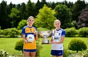 29 May 2023; In attendance at the launch of the 2023 TG4 All-Ireland Ladies Football Championships, at Durrow Castle in Durrow, Laois, are Síofra Ní Chonaill of Clare, left, and Amy Hamill of Monaghan with the Mary Quinn Memorial Cup. The very first All-Ireland Ladies Senior Football Final, between winners Tipperary and opponents Offaly, was played in Durrow in 1974, while the 2023 decider at Croke Park on Sunday August 13 will mark the LGFA’s 50th All-Ireland Senior Final. The 2023 TG4 All-Ireland Ladies Football Championships get underway on the weekend of June 10/11, with the opening round of Intermediate Fixtures. All games in the 2023 TG4 All-Ireland Championships will be available live to viewers, either on TG4 or via the LGFA’s live-streaming portal: https://bit.ly/3oktfD5 #ProperFan Photo by Brendan Moran/Sportsfile *** NO REPRODUCTION FEE***
