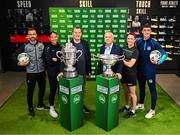 30 May 2023; Managing Director, Frasers Group Ireland, Leonard Brassel, and FAI commercial director Sean Kavanagh with players, from left, Robbie Benson of Dundalk, Neema Nyangasi of DLR Waves, Lauryn O'Callaghan of Peamount United and Eoghan Hampson of Killbarrack United during a Football Association of Ireland Challenge Cup sponsorship announcement at Sports Direct Carrickmines in Dublin. Photo by Eóin Noonan/Sportsfile