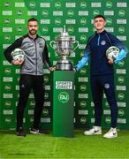 30 May 2023; Robbie Benson of Dundalk and Eoghan Hampson of Killbarrack United during a Football Association of Ireland Challenge Cup sponsorship announcement at Sports Direct Carrickmines in Dublin. Photo by Eóin Noonan/Sportsfile