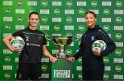30 May 2023; Lauryn O'Callaghan of Peamount United and Neema Nyangasi of DLR Waves during a Football Association of Ireland Challenge Cup sponsorship announcement at Sports Direct Carrickmines in Dublin. Photo by Eóin Noonan/Sportsfile