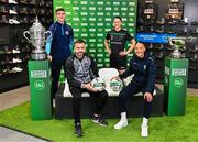 30 May 2023; Players, from left, Eoghan Hampson of Killbarrack United, Neema Nyangasi of DLR Waves, Robbie Benson of Dundalk and Lauryn O'Callaghan of Peamount United during a Football Association of Ireland Challenge Cup sponsorship announcement at Sports Direct Carrickmines in Dublin. Photo by Eóin Noonan/Sportsfile