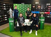 30 May 2023; Players, from left, Eoghan Hampson of Killbarrack United, Neema Nyangasi of DLR Waves, Robbie Benson of Dundalk and Lauryn O'Callaghan of Peamount United during a Football Association of Ireland Challenge Cup sponsorship announcement at Sports Direct Carrickmines in Dublin. Photo by Eóin Noonan/Sportsfile