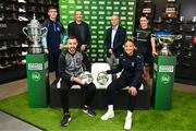 30 May 2023; Managing Director, Frasers Group Ireland, Leonard Brassel, and FAI commercial director Sean Kavanagh with players, from left, Eoghan Hampson of Killbarrack United, Neema Nyangasi of DLR Waves, Robbie Benson of Dundalk and Lauryn O'Callaghan of Peamount United during a Football Association of Ireland Challenge Cup sponsorship announcement at Sports Direct Carrickmines in Dublin. Photo by Eóin Noonan/Sportsfile