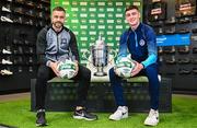 30 May 2023; Robbie Benson of Dundalk and Eoghan Hampson of Killbarrack United during a Football Association of Ireland Challenge Cup sponsorship announcement at Sports Direct Carrickmines in Dublin. Photo by Eóin Noonan/Sportsfile