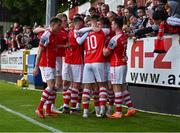 26 May 2023; Conor Carty of St Patrick's Athletic, second from right, celebrates with teammates after scoring his side's second goal during the SSE Airtricity Men's Premier Division match between St Patrick's Athletic and Dundalk at Richmond Park in Dublin. Photo by Tyler Miller/Sportsfile