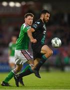 26 May 2023; Roberto Lopes of Shamrock Rovers in action against Joseph O’Brien-Whitmarsh of Cork City during the SSE Airtricity Men's Premier Division match between Cork City and Shamrock Rovers at Turner's Cross in Cork. Photo by Eóin Noonan/Sportsfile