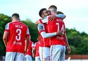 26 May 2023; Mark Doyle of St Patrick's Athletic, right, celebrates with teammate Jake Mulraney after scoring his side's first goal during the SSE Airtricity Men's Premier Division match between St Patrick's Athletic and Dundalk at Richmond Park in Dublin. Photo by Tyler Miller/Sportsfile