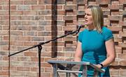 25 May 2023; Olympic Federation of Ireland president Sarah Keane speaking during the official opening of the new Olympic Federation of Ireland offices at the Sport Ireland Campus in Dublin. Photo by Brendan Moran/Sportsfile