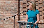 25 May 2023; Olympic Federation of Ireland president Sarah Keane speaking during the official opening of the new Olympic Federation of Ireland offices at the Sport Ireland Campus in Dublin. Photo by Brendan Moran/Sportsfile