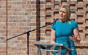 25 May 2023; Olympic Federation of Ireland president Sarah Keane speaking during the official opening of the new Olympic Federation of Ireland offices at the Sport Ireland Campus in Dublin. Photo by Brendan Moran/Sportsfile