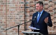 25 May 2023; Minister of State at Department of Tourism, Culture, Arts, Gaeltacht, Sport and Media Thomas Byrne TD, speaking during the official opening of the new Olympic Federation of Ireland offices at the Sport Ireland Campus in Dublin. Photo by Brendan Moran/Sportsfile