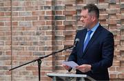 25 May 2023; Minister of State at Department of Tourism, Culture, Arts, Gaeltacht, Sport and Media Thomas Byrne TD, speaking during the official opening of the new Olympic Federation of Ireland offices at the Sport Ireland Campus in Dublin. Photo by Brendan Moran/Sportsfile