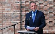 25 May 2023; Minister of State at Department of Tourism, Culture, Arts, Gaeltacht, Sport and Media Thomas Byrne TD, speaking during the official opening of the new Olympic Federation of Ireland offices at the Sport Ireland Campus in Dublin. Photo by Brendan Moran/Sportsfile