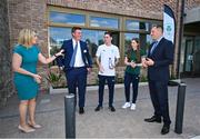 25 May 2023; Minister of State at Department of Tourism, Culture, Arts, Gaeltacht, Sport and Media Thomas Byrne TD, right, with, from left, Olympic Federation of Ireland president Sarah Keane, Olympic Federation of Ireland chief executive Peter Sherrard and Olympians Aidan Walsh and Emily Hegarty during the official opening of the new Olympic Federation of Ireland offices at the Sport Ireland Campus in Dublin. Photo by Brendan Moran/Sportsfile