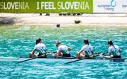 27 May 2023; The Ireland team, from right, Aifric Keogh, Fiona Murtagh, Tara Hanlon and Eimear Lambe compete in the Women's Four Final during day 3 of the European Rowing Championships 2023 at Bled in Slovenia. Photo by Vid Ponikvar/Sportsfile