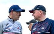 27 May 2023; Louth manager Mickey Harte, left, and Cork manager John Cleary in conversation before the GAA Football All-Ireland Senior Championship Round 1 match between Louth and Cork at Páirc Tailteann in Navan, Meath. Photo by Seb Daly/Sportsfile