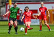 27 May 2023; Megan Smyth-Lynch of Shelbourne in action against Karen Duggan of Peamount United during the SSE Airtricity Women's Premier Division match between Shelbourne and Peamount United at Tolka Park in Dublin. Photo by Tyler Miller/Sportsfile