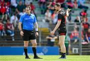 27 May 2023; Ciaran Downey of Louth attempts to speak to referee Martin McNally during the GAA Football All-Ireland Senior Championship Round 1 match between Louth and Cork at Páirc Tailteann in Navan, Meath. Photo by Seb Daly/Sportsfile