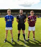 27 May 2023; Referee Matthew Farrell with team captains Bobby Power of Tipperary, left, and Cathal Sweeney of Galway before the GAA Celtic Challenge Cup Finals match between Galway and Tipperary at St Brendan’s Park in Birr, Offaly. Photo by Michael P Ryan/Sportsfile
