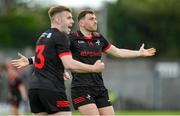 27 May 2023; Sam Mulroy of Louth, right, celebrates alongside teammate Peter Lynch after kicking a point during the GAA Football All-Ireland Senior Championship Round 1 match between Louth and Cork at Páirc Tailteann in Navan, Meath. Photo by Seb Daly/Sportsfile