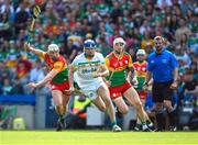 27 May 2023; Jack Clancy of Offaly in action against Fiachra Fitzpatrick of Carlow, left, and James Doyle during the Joe McDonagh Cup Final match between Carlow and Offaly at Croke Park in Dublin. Photo by Tyler Miller/Sportsfile