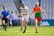 27 May 2023; Brian Duignan of Offaly in action against Fiachra Fitzpatrick of Carlow during the Joe McDonagh Cup Final match between Carlow and Offaly at Croke Park in Dublin. Photo by Tyler Miller/Sportsfile