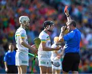 27 May 2023; Referee Thomas Walsh shows Dara Maher of Offaly a red card during the Joe McDonagh Cup Final match between Carlow and Offaly at Croke Park in Dublin. Photo by Stephen Marken/Sportsfile