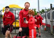 27 May 2023; Derry supporter Kealan McGeoghan takes a selfie with Derry captain Conor Glass before the GAA Football All-Ireland Senior Championship Round 1 match between Derry and Monaghan at Celtic Park in Derry. Photo by Harry Murphy/Sportsfile